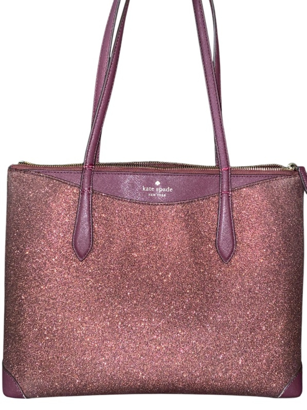 kate spade • Well Loved • NY • Rose Gold/ Burgundy • Glimmer Tote • Leather Trim
